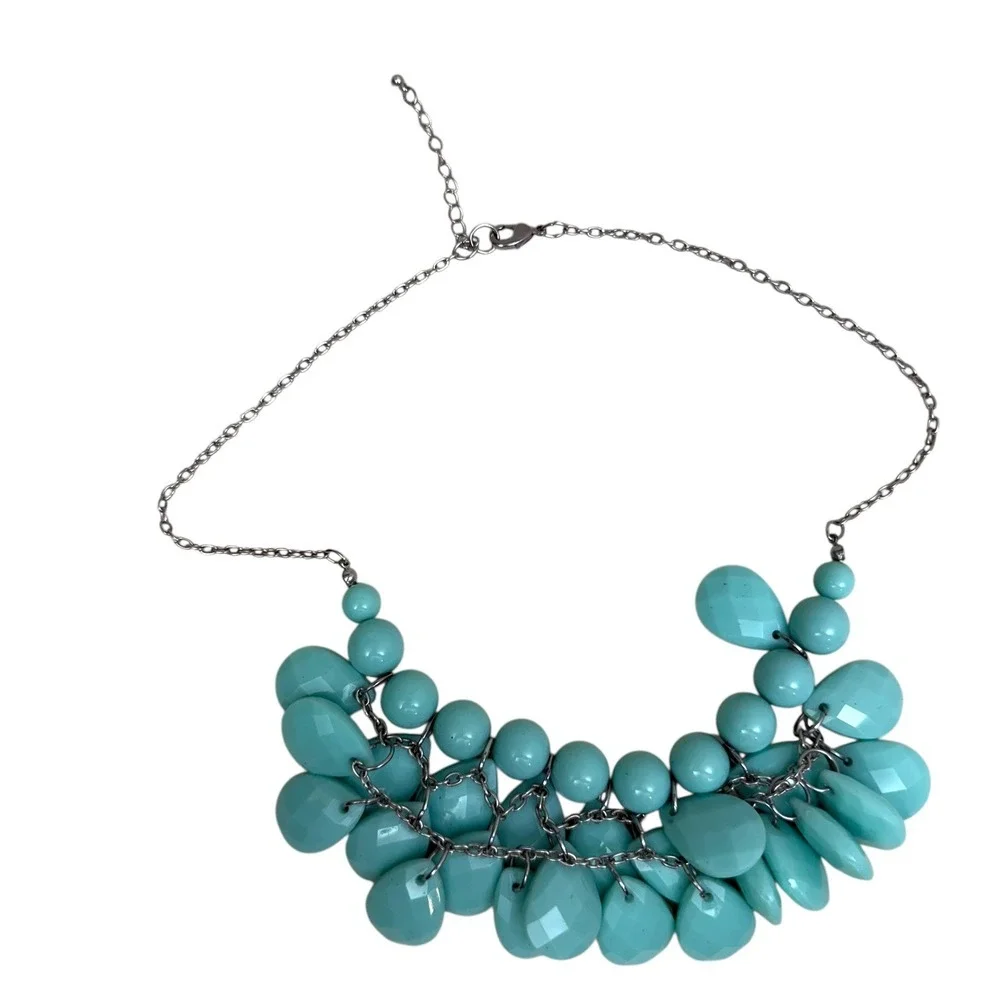 Statement Necklace Turquoise Beaded Bib Chunky Silver Tone Chain Jewelry 20 in